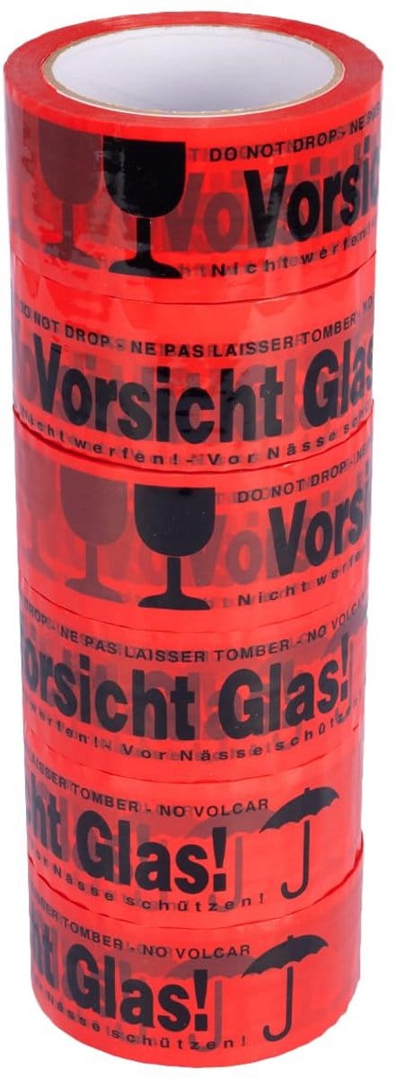 6 Rollen Sterk Scheurbestendig Tape Rood - Waarschuwing Glas - 48mm x 66m