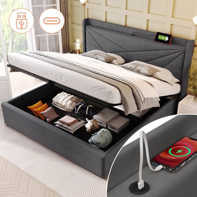 MODFU Opbergbed – 180x200 cm – Geometrisch Hoofdbord – USB & USB-C – Katoenlinnen – Grijs