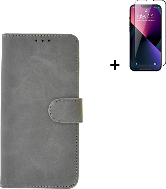 Geschikt voor iPhone 13 Pro Max Hoesje + iPhone 13 Pro Max Screenprotector - iPhone 13 Pro Max Hoes Wallet Bookcase Grijs + Full Tempered Glass