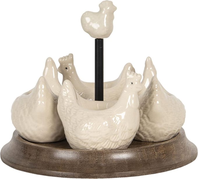 Clayre & Eef Eierdopje Set van 4 Kip Ø 19x16 cm Beige Keramiek Eierhouder