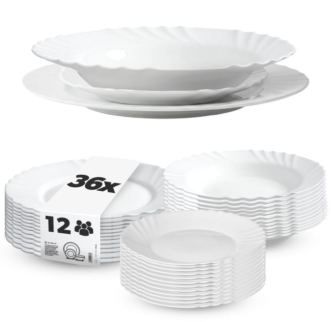Kadax Serviesset 36 Delen Wit - Eetkamer Servies voor 12 Personen