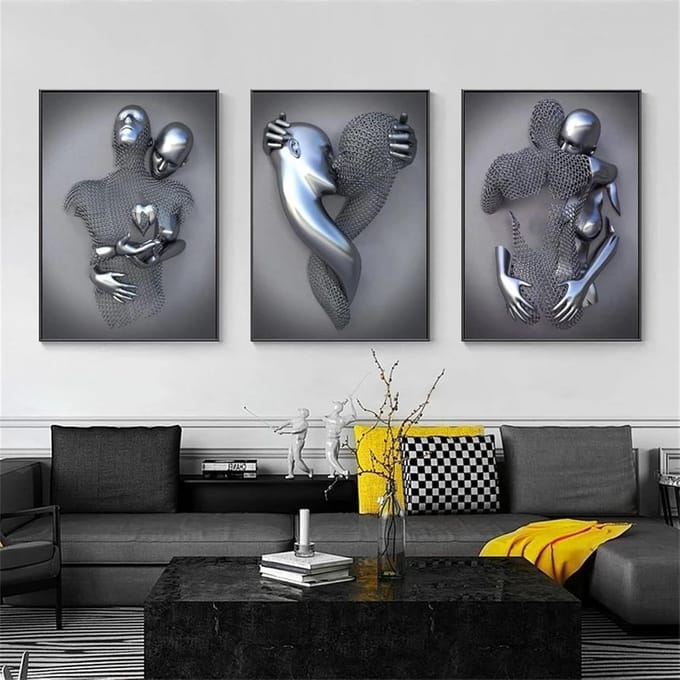 Posterset 3-delig - Moderne kunst - Muurdecoratie huis - 3D metaal effect - 60 x 80 cm - Grijs
