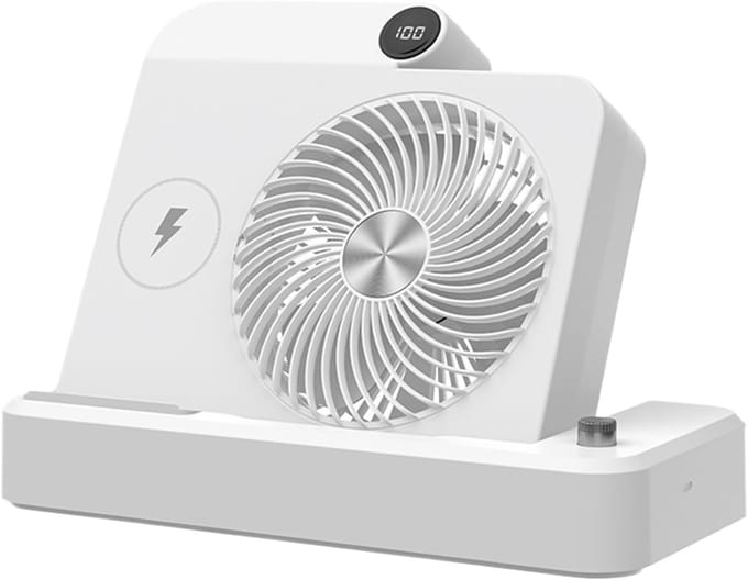 Bureauventilator - Persoonlijke ventilator met draadloos opladen - Instelbare windsnelheid - Kantelbare voet - Digitaal display, unisex campingventilator - Wit