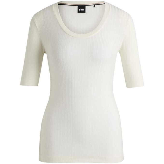 Boss Dames Effilie Geribbelde T-Shirt (Wit)