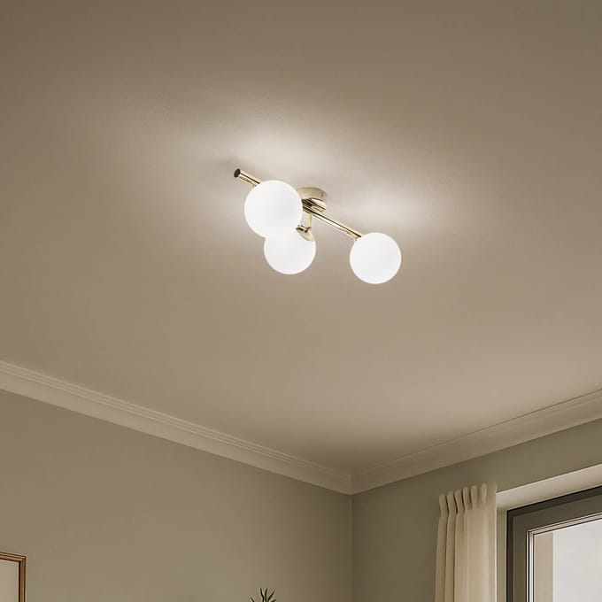 Domiluce Plafondlamp Drum, goudkleurig, 3-lamps, glas, lengte 46 cm