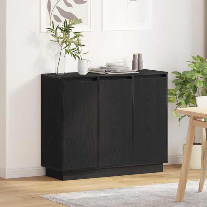 vidaXL - LED - Dressoir - Zwart - Eiken - 90 - x - 32 - x - 75 - cm - Bewerkt - hout