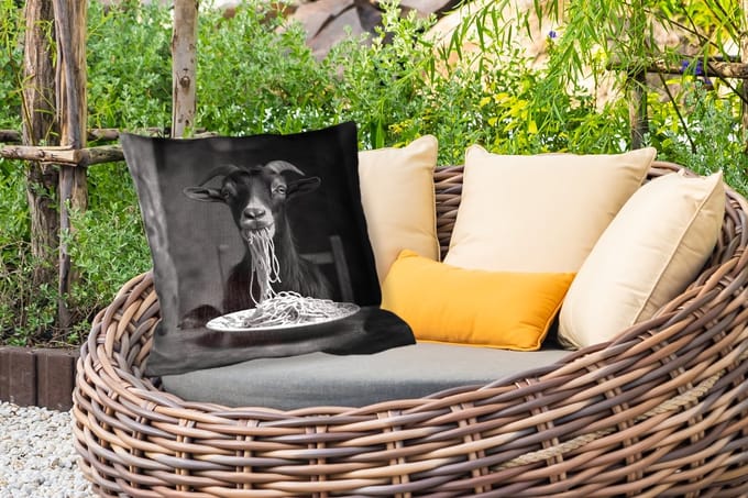 Sierkussen Buiten - Geit - Bord - Spaghetti - Zwart Wit - 60x60 cm - Weerbestendig