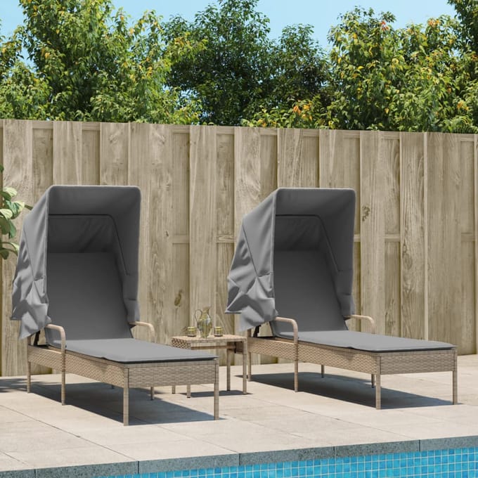 vidaXL - Ligbedden - 2 - st - met - luifels - en - tafel - poly - rattan - beige