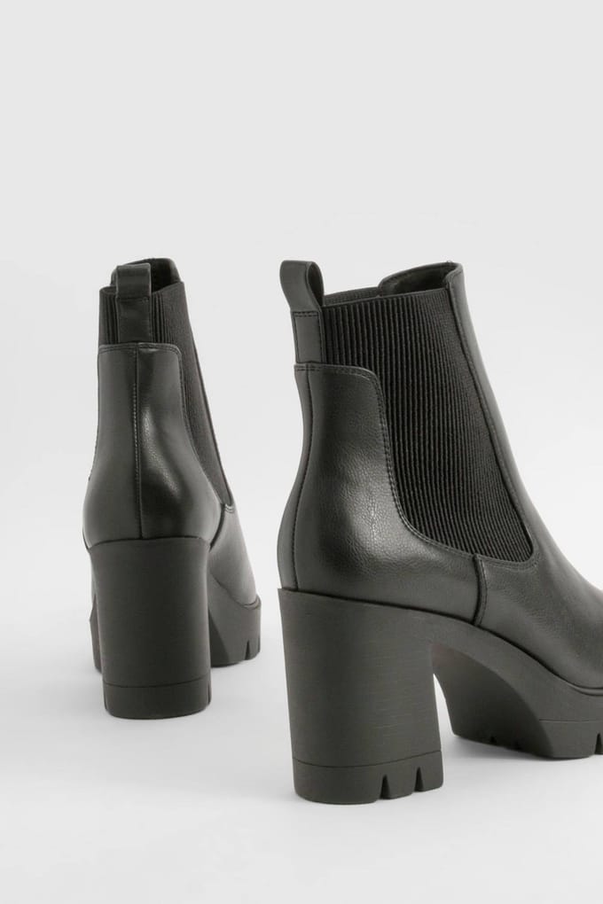 boohoo Dames Brede pasvorm, getextureerde Chelsea-laars met chunky hak | Zwart | Maat: 38