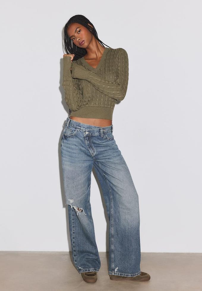 Stradivarius Wide-leg jeans met overslag  MIDDENBLAUWE DENIM WASSING 32