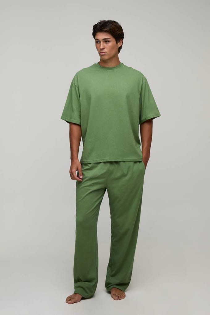 Heren Loungewear Oversized T-shirt En Straight Leg Lounge Set | Olive | Size Small