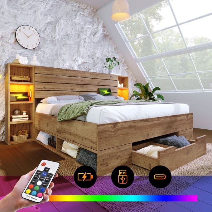 Houten Bed 180x200 met Opbergruimte, LED en USB-C - Eikenlook