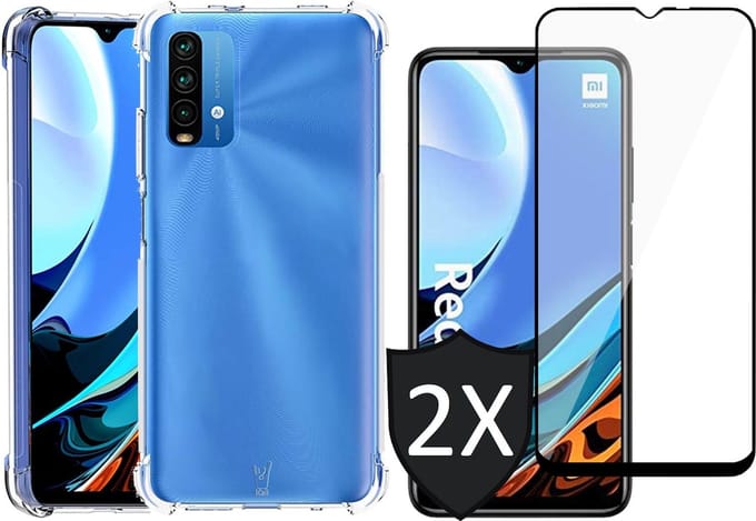 Hoesje geschikt voor Xiaomi RedMi 9T en Screenprotector - Transparant Shock Proof Case + 2x Screen Protector Glas Full