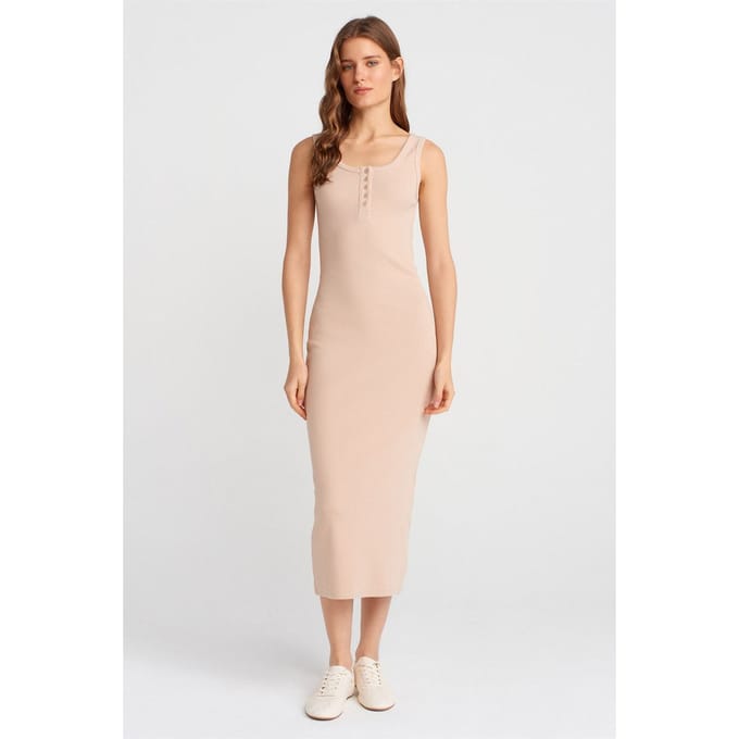 Geribbelde Midi Bodycon Jurk Met Knopen