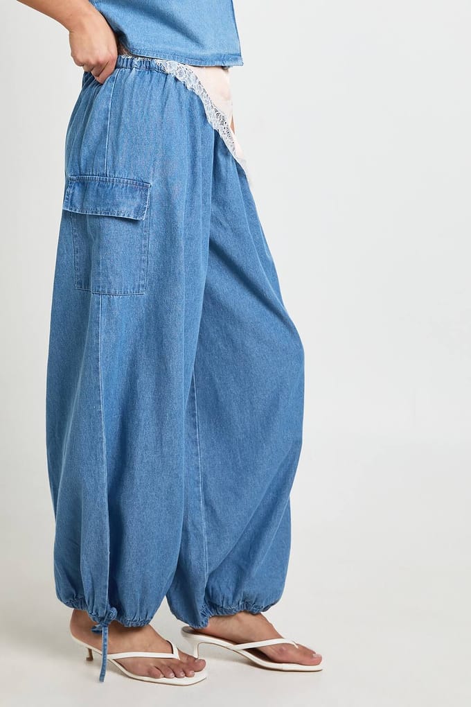 boohoo Dames Chambray Ballonbroek | Medium Gebleekt | Maat: 36