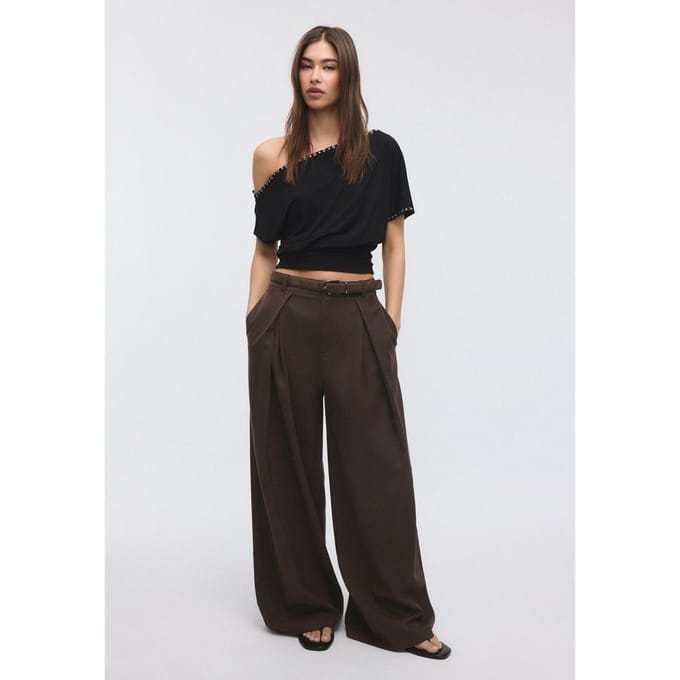 Stradivarius Pantalón maxi pinza cinturón  Bruin 34