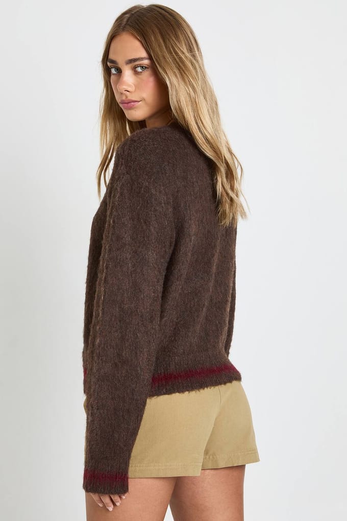 boohoo Dames Contrastzoomdetail, hoge hals gebreide cardigan | Chocoladebruin | Maat: Medium