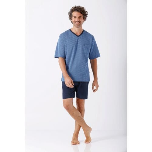 Hajo heren shortama blauw met driehoekjes - Blauw - Maat - 56