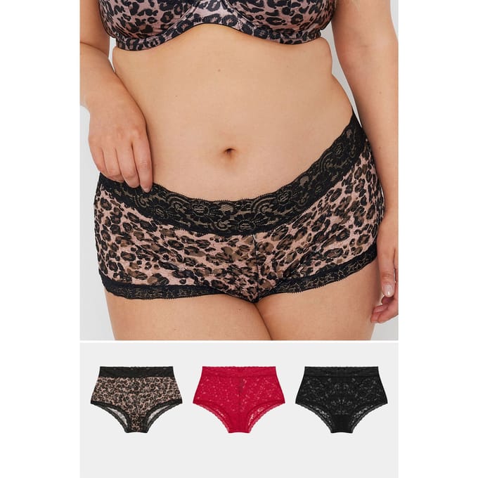 Yours Set Van Drie Paar Tailleslips Met Luipaardprint En Kant In Zwart/Rood Size 62-64