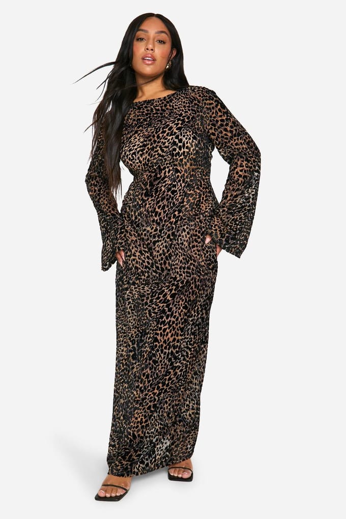boohoo Dames Plus Leopard Devore Maxi-jurk met lage rug in column-stijl | Luipaardprint | Maat: 56