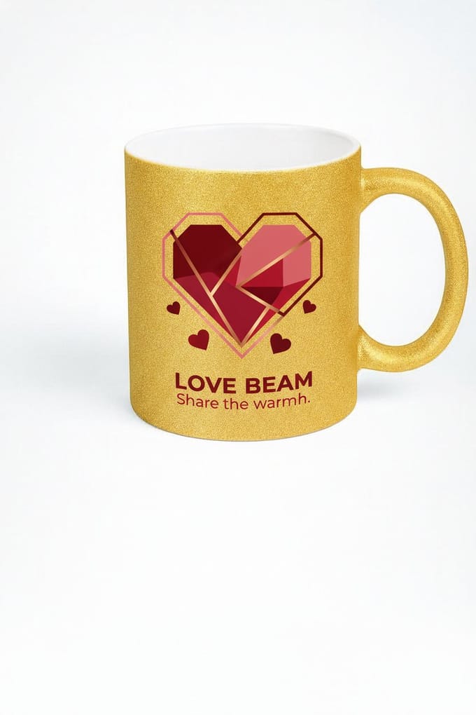 Gouden Glitter Mok 'Love Beam' - Geometrisch Hart Design & Warme Boodschap