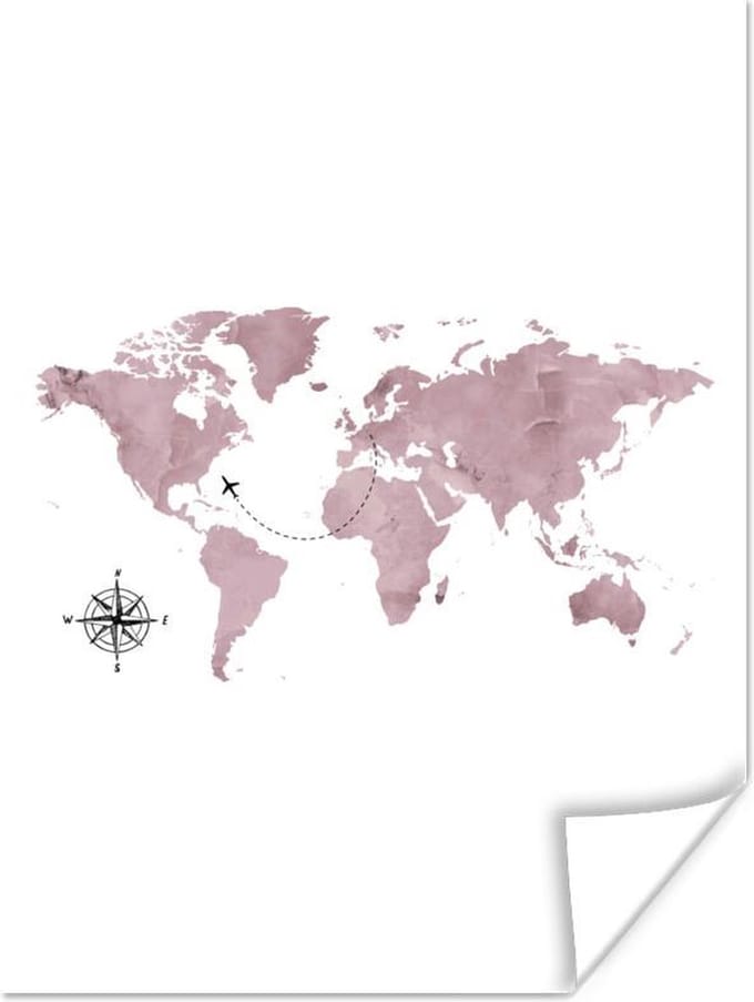 Wereldkaarten - Wereldkaart - Roze - Reizen - 60x80 cm