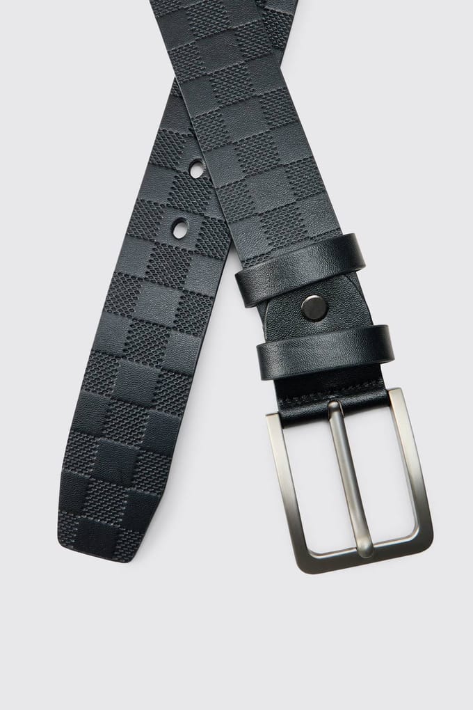 PU Embossed Check Textured Belt | Black | Size Small