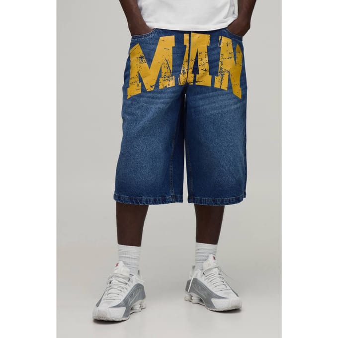 Longline Stijve Denim Jorts Met Man-print | Mid Blue | Size 30