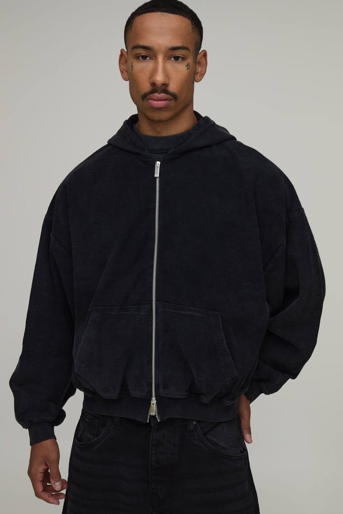 Oversized Boxy Hoodie Met Verlaagde Schouders, Loopback Wassing En Rits | Washed Black | Size XL