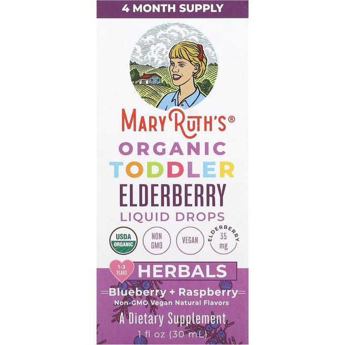 MaryRuth's, Biologische Vlierbes Vloeibare Druppels voor Peuters, Blauwe Bes + Framboos, 1 fl oz (30 ml)