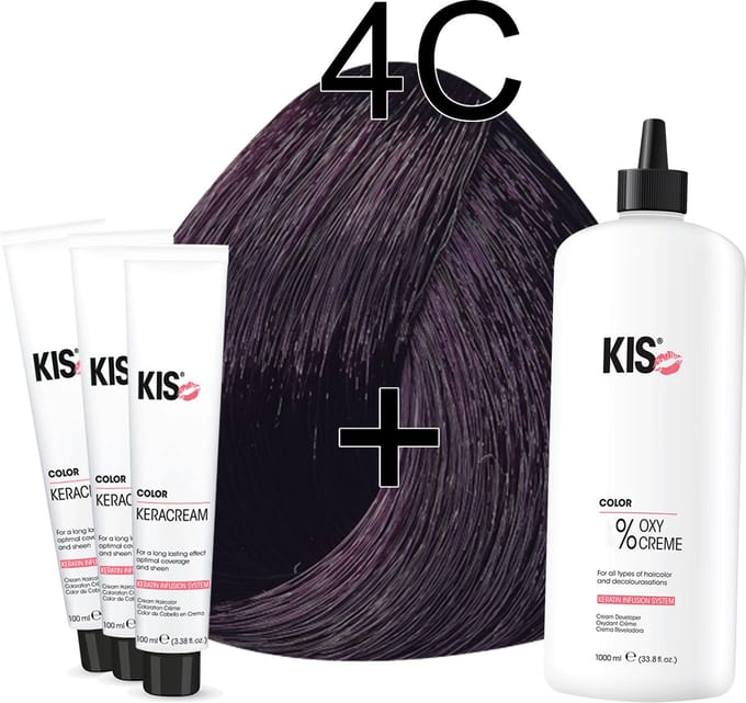 Kis KeraCream Color - 100ml - Haarverf Set - 4C Middel cassis | KIS - (3 x haarverf & 1L waterstofperoxide)