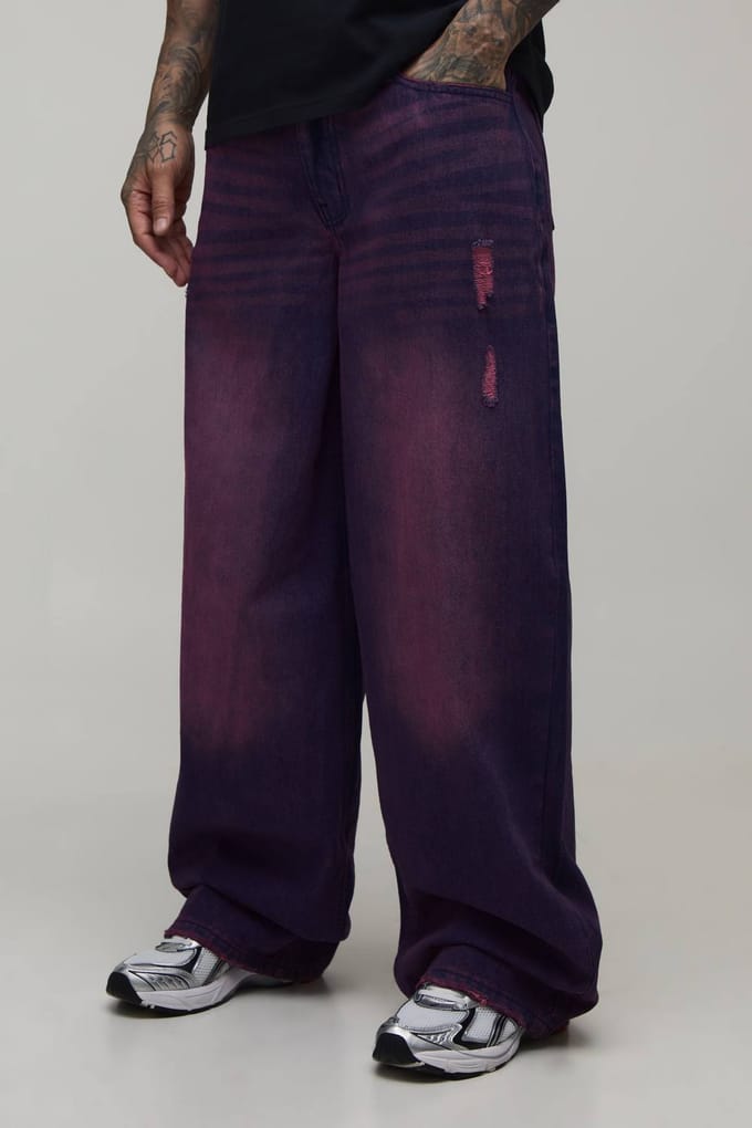 Lange Roze Getinte Baggy Distressed Jeans | Pink | Size 32