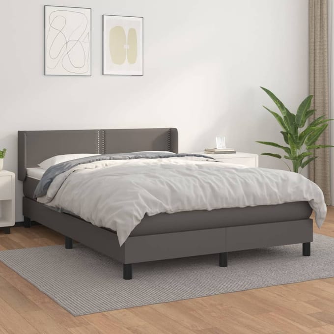 vidaXL - Boxspring - met - matras - kunstleer - grijs - 140x190 - cm