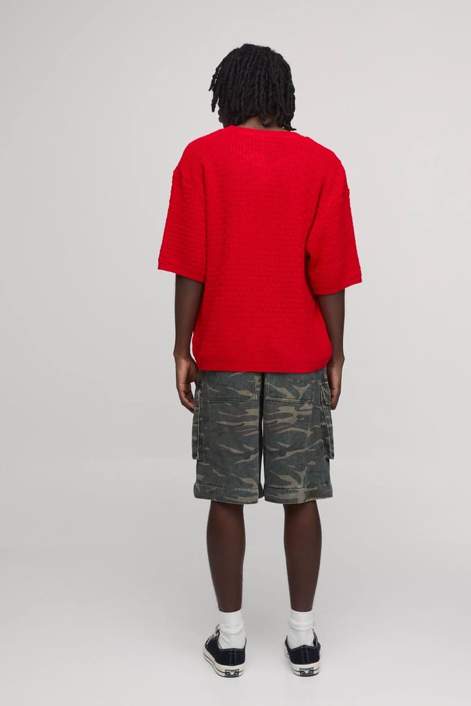 Boxy Fit Textured Stitch Knitted T-Shirt | Size Large