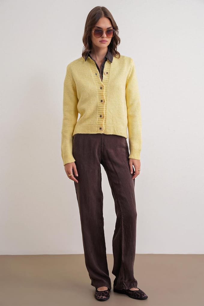 Geribbelde Brei Knopen Cardigan