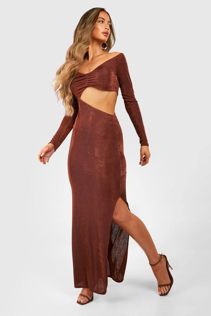 boohoo Dames Bardot Gerimpelde Acetate Slinky Maxi-jurk met Split Benen | Chocoladebruin | Maat: 42
