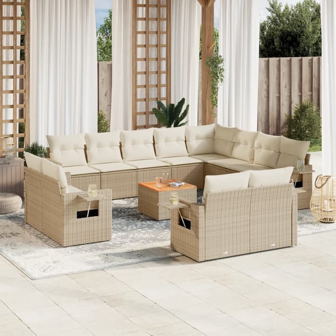 vidaXL - 13-delige - Loungeset - met - kussens - poly - rattan - beige