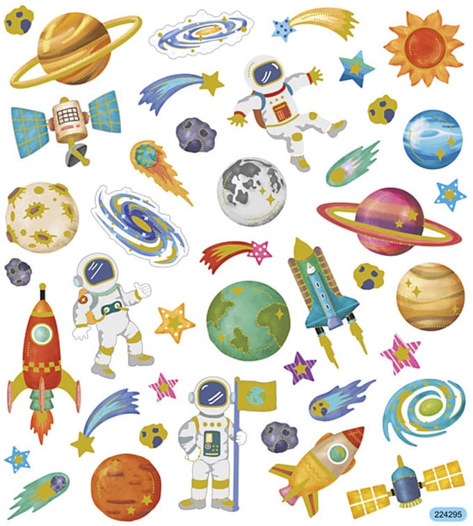 Stickers, ruimte, vel 15x16,5 cm, ca. 41 stuk, 1 vel