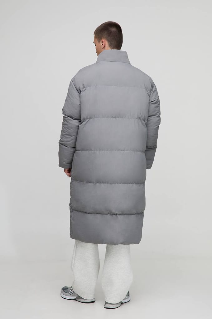 Oversized Crinkle Nylon Funnel Neck Longline Puffer Jacket | Grey | Size Medium