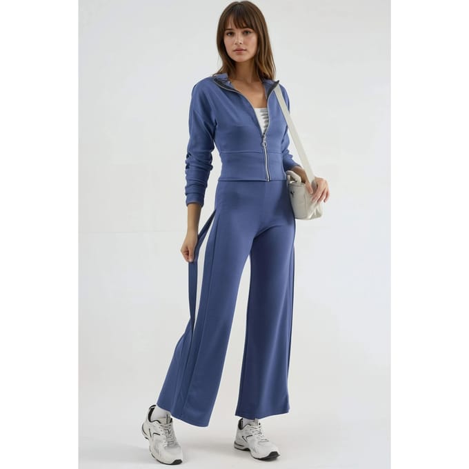 Modal Touch High Waist Brede Pijp Tweedelig Set met Rits Kraag