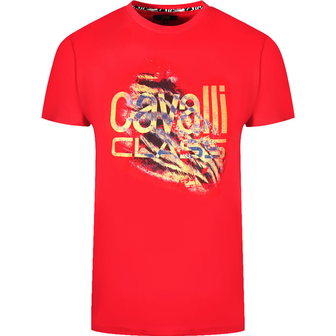 Cavalli Class Gescheurde Tijgerprint Bold Logo Rode T-shirt