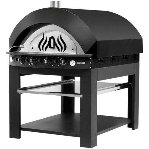 GGM Gastro Gas pizzaoven (chamotte bakvloer) - 1 kamer - 9 x Ø30cm - tot 400°C - Handmatig - zwart - incl. onderstel met onderbodem & plank zwart