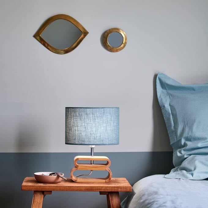 COREP Tafellamp Oslo, petrol/licht hout, hoogte 30 cm, linnen/hout