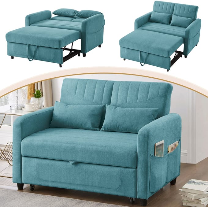 Sofa Met Slaapfunctie - Compacte 2-Zits Slaapbank Blauwgroen - Modern