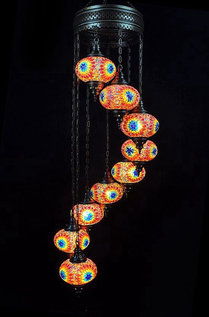 Turkse Lamp Hanglamp - Mozaïek Kroonluchter - 9 Bollen - Multicolour Ster 160 cm
