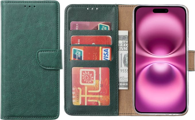 Hoesje Geschikt voor iPhone 16 – Arara bookcase met pasjeshouder - Groen