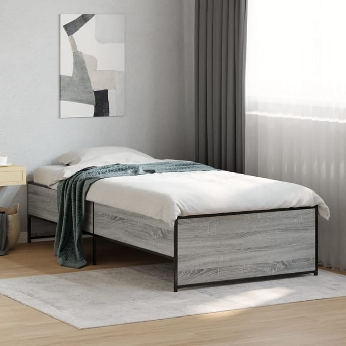 vidaXL - Bedframe - bewerkt - hout - en - metaal - grijs - sonoma - eiken - 75x190 - cm