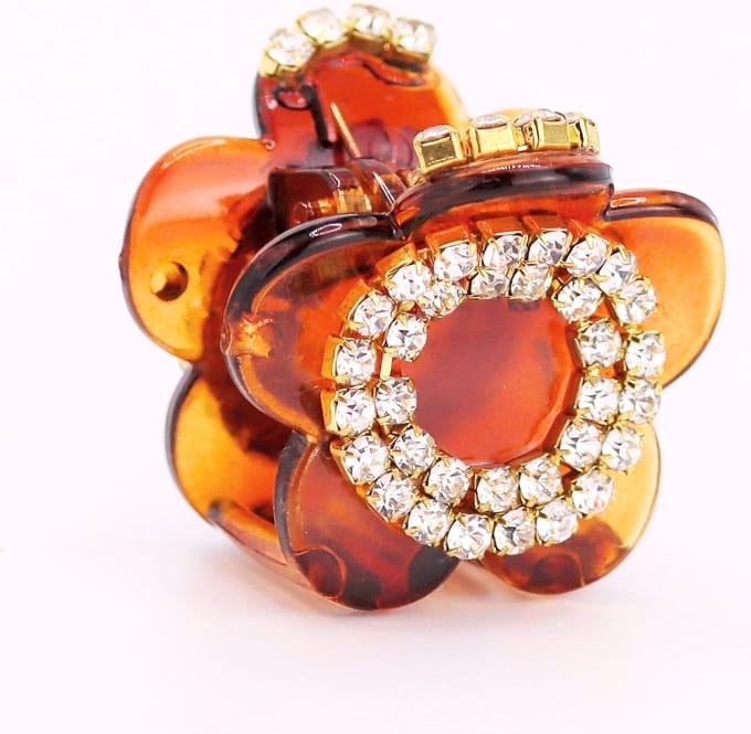 Haarklem mini bloemvorm bruin met strass