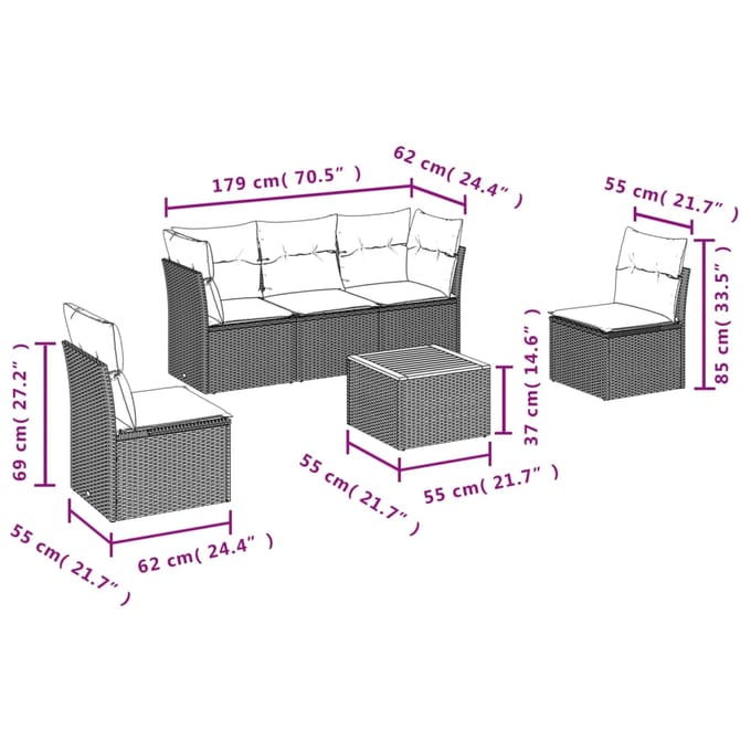 vidaXL - 6-delige - Loungeset - met - kussens - poly - rattan - zwart