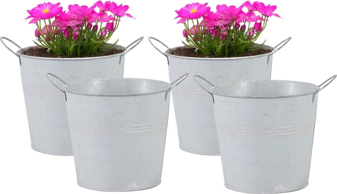 Mega Collections Emmer/plantenpot/bloempot - 4x - zink - whitewash - D14 x H12 cm